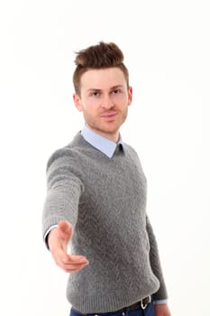 Young red hair russian man giving hand