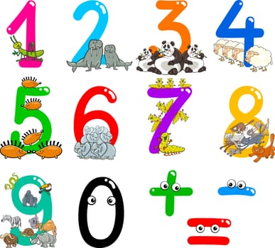 cartoon illustration of numbers from zero to nine with animals