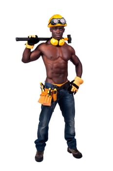 Strong build black construction worker with big hammer isolated in white