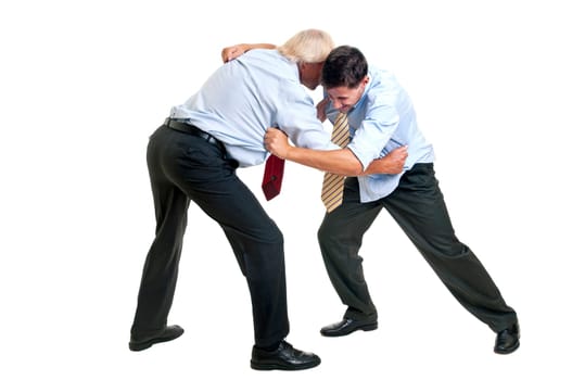 To businessmen wrestling isolated against a white background
