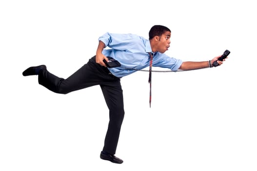 Businessman running with phone isolated in white