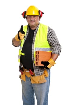 Plump construction worker isolated in white
