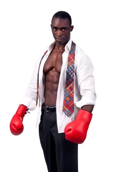 Businessman with boxing gloves isolated in white