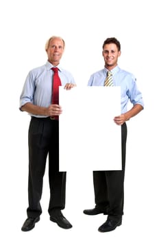 Businessmen posing with big board isolated in white