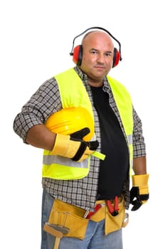 Plump construction worker isolated in white