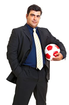 Businessman with soccer ball isolated in white
