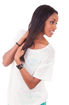 Portrait of a beautiful young black woman , isolated on white background