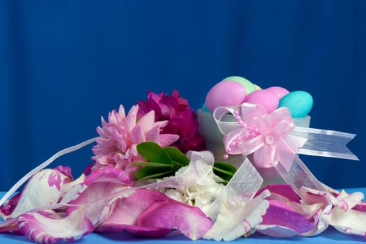Arrangement with flowers and favors for wedding, baptism and First Communion