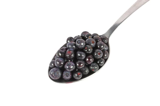 Spoon full of fresh blueberries, isolated on white