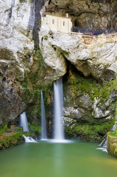 The holy cave of Covadonga, Asturias, Spain. Small chapel which is inside the Virgin of Covadonga