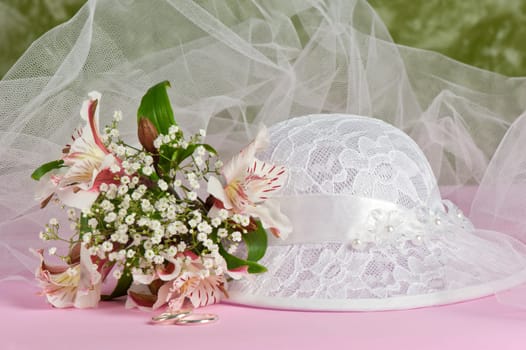 Arrangement with flowers and favors for wedding, baptism and First Communion