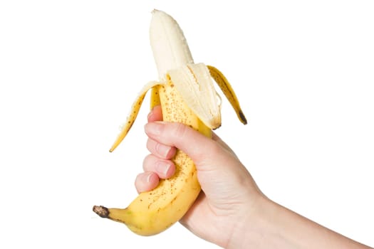 hand  holding peeled banana, isolated on white background