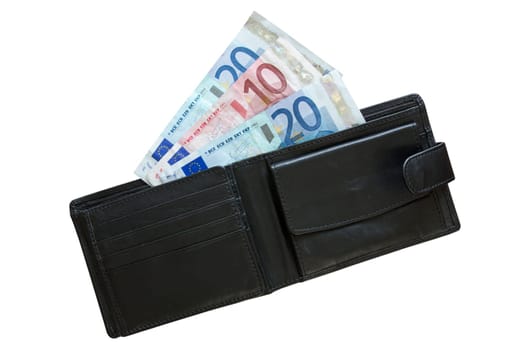 euros in leather wallet isolated on white background