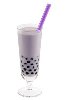 Bubble tea with exact clipping path,with colored balls of tapioca in purple