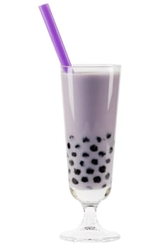 Bubble tea with exact clipping path,with colored balls of tapioca in purple