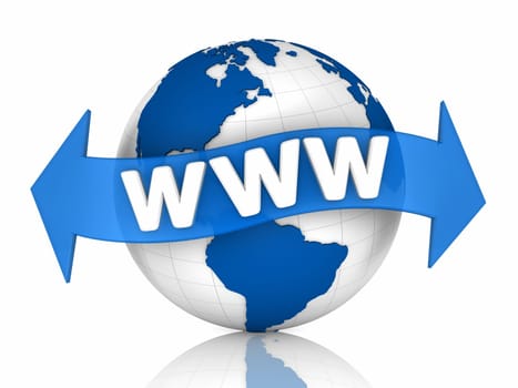 Blue globe with double arrow and letters www