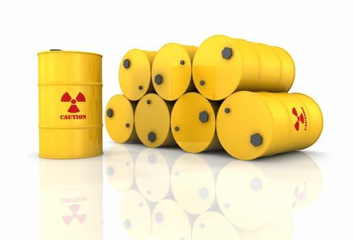 Stack of yellow barrels with red radioactivity symbols, 3d render