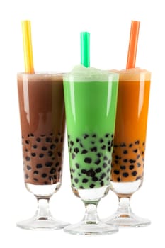 bubble tea,asian drink with tapioca pearls against white background