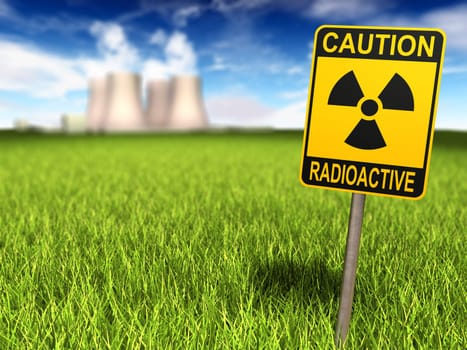 Radioactivity sign on a grassy field and nuclear power plant in background, 3d render