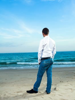 Fashion style photo of handsome man outdoor