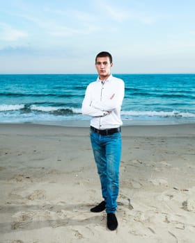 Fashion style photo of handsome man outdoor