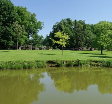 park with a small pond in spring time in the netherlands