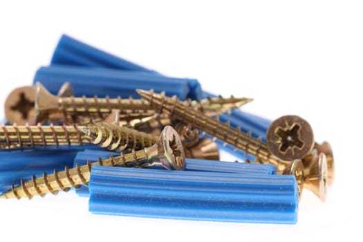 details of blue dowels and golden screws