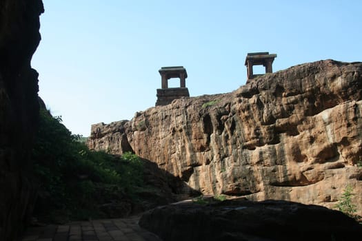 Stone platforms erected on hilltop to afford overall view at Badami in Karnataka, India, Asia