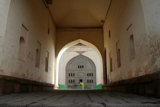 Verandah with stone pavement leading to entrance of Gol Gumbaz, Bijapur, Karnataka, India, Asia