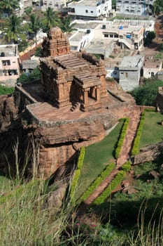 View of Malegitti Shivalaya Temple from top of fort on Northern Hill at Badami, Karnataka, India, Asia