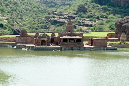 Group of Bhuthanatha Temples on eastern end of lake at Badami, Karnataka, India, Asia