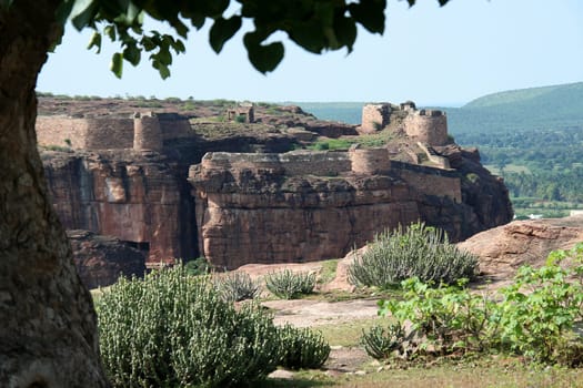 Fort on top of Southern Hill, viewed from Northern Hill at Badami, Karnataka, India, Asia