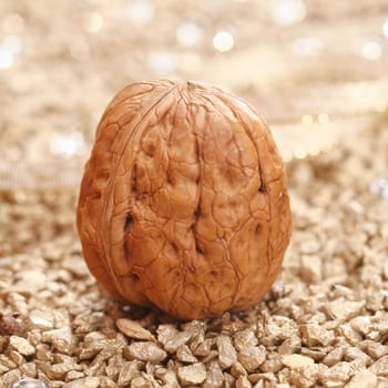Walnut with shell on a festive background for wintery times
