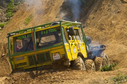 MOHELNICE, CZECH REPUBLIC - MAY 20. Unidentified racer passes through difficult terrain in the "Grand Prix Truck Trial 2012"" on May 20, 2012 in the town of Mohelnice, Czech Republic."