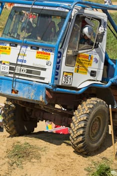 MOHELNICE, CZECH REPUBLIC - MAY 20. Unidentified racer passes through difficult terrain in the "Grand Prix Truck Trial 2012"" on May 20, 2012 in the town of Mohelnice, Czech Republic."