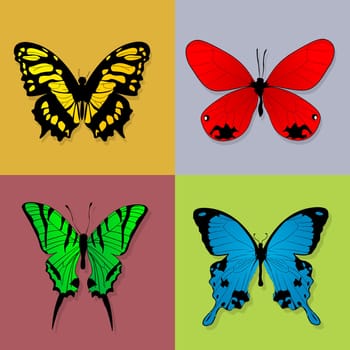 Four grunge style butterflies in squares. Isolated and grouped design elements.
