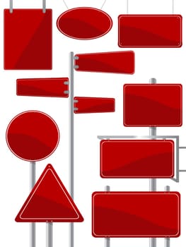 Image shows a street sign collection in red colors against white background