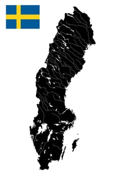 High detailed vector map of Sweden with lakes, rivers and island and flag.
