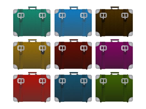 A set of leather luggage, suitcase in colors over white background