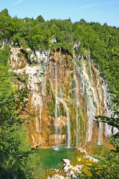 Beautiful waterfall in the scenery of Plitvice Lakes National Park in Croatia