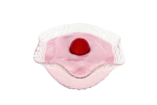 Sweet cherry yoghurt in glass bowl isolated on white