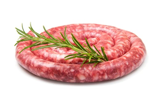 fresh raw sausage with rosemary on white background