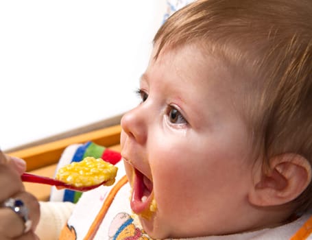 Little boy eating baby food with spoon
