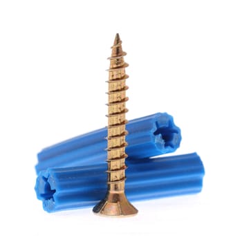 details of blue dowels and golden screws isolated on white