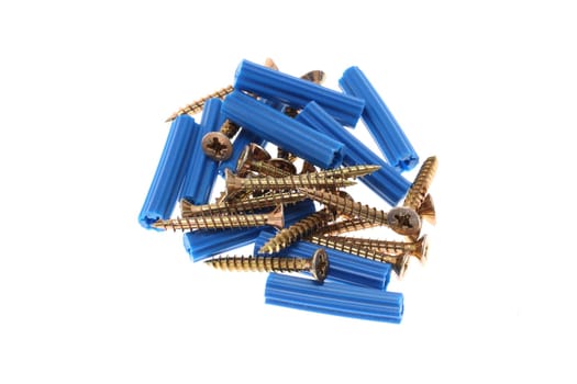 details of blue dowels and golden screws isolated on white