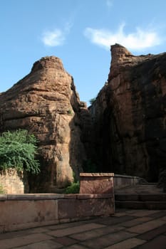 Conical shaped tips of huge rocks on northern hill at Badami, Karnataka, India, Asia