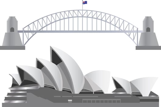Sydney Australia Skyline Landmarks Harbour Bridge and Opera House Illustration