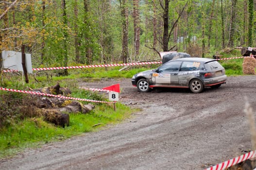 MALLOW, IRELAND - MAY 19: J. Lowery driving Honda Civic at the Jim Walsh Cork Forest Rally on May 19, 2012 in Mallow, Ireland. 4th round of the Valvoline National Forest Rally Championship.