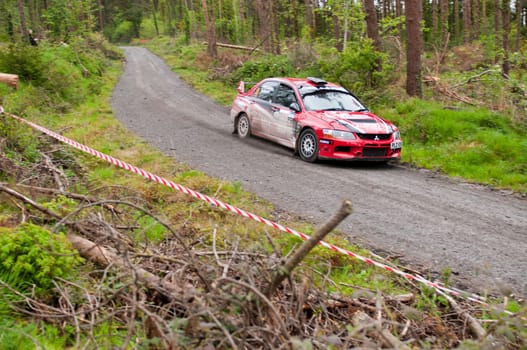 MALLOW, IRELAND - MAY 19: P. O&#039  Connell driving Mitsubishi Evo at the Jim Walsh Cork Forest Rally on May 19, 2012 in Mallow, Ireland. 4th round of the Valvoline National Forest Rally Championship.