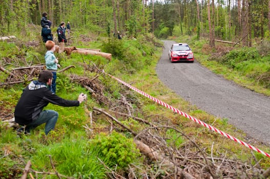 MALLOW, IRELAND - MAY 19: P. O&#039  Connell driving Mitsubishi Evo at the Jim Walsh Cork Forest Rally on May 19, 2012 in Mallow, Ireland. 4th round of the Valvoline National Forest Rally Championship.